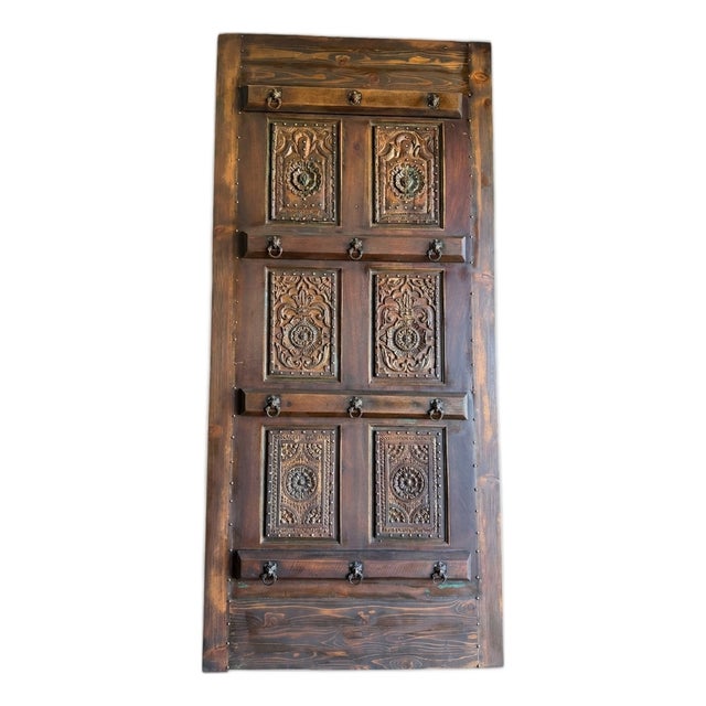 Antique Indian Carved Wood Door With Brass Studs – Rustic Hinged or Sliding Barn Door 96 For Sale