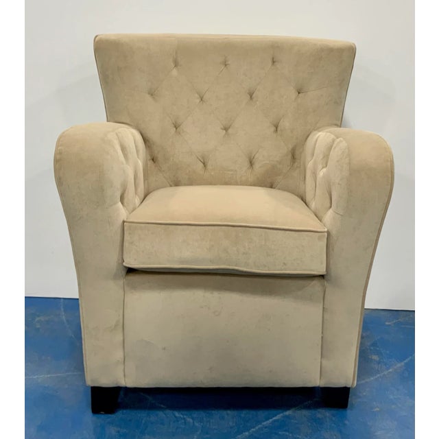 Stylish Modern Beige Microfiber and Leather Tufted Club Chair, cream back and sides, dark wood feet, showroom floor sample