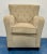 Stylish Modern Beige Microfiber and Leather Tufted Club Chair, cream back and sides, dark wood feet, showroom floor sample