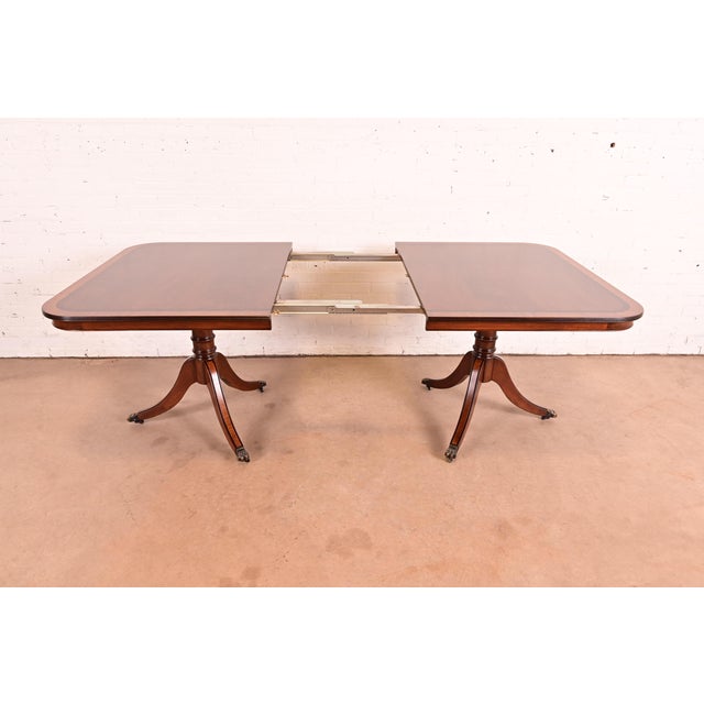 Brown John Widdicomb Georgian Banded Mahogany Double Pedestal Extension Dining Table, Newly Refinished For Sale - Image 8 of 11