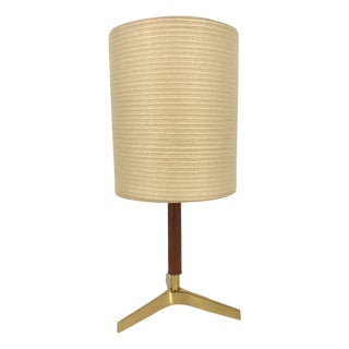 Mid-Century Table Lamp with Brass Tripod and Teak attributed to J. T. Kalmar, 1950s For Sale