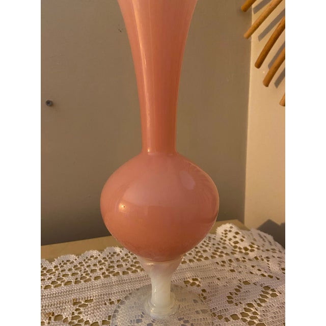 Mid-Century Modern Vintage Italian-Style Pink Opaline Glass Trumpet Vase With Iridescent Pedestal For Sale - Image 3 of 9