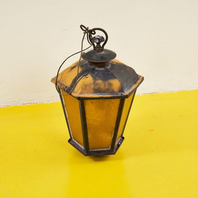Antique Lantern in Iron and Amber Glass For Sale - Image 6 of 6