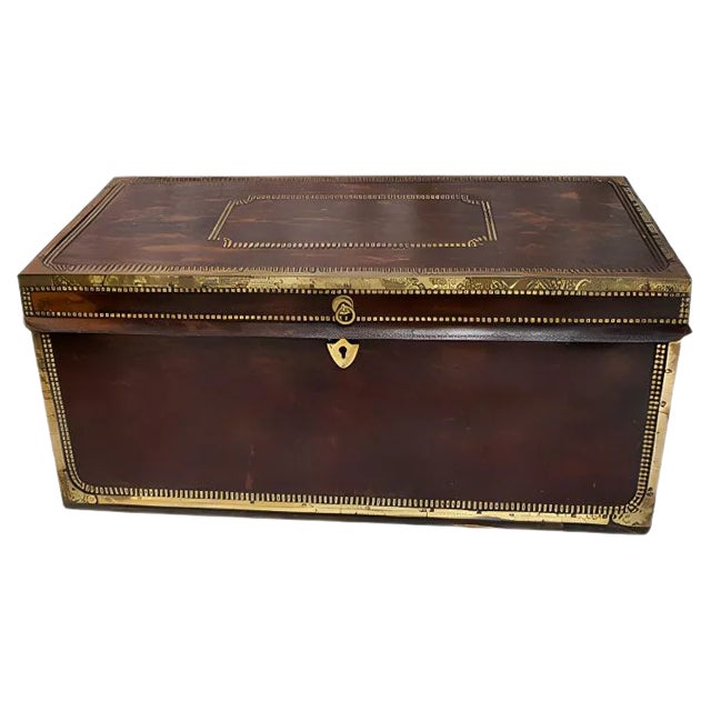Antique Georgian Studded Vellum and Camphor Wood Chest or Trunk For Sale