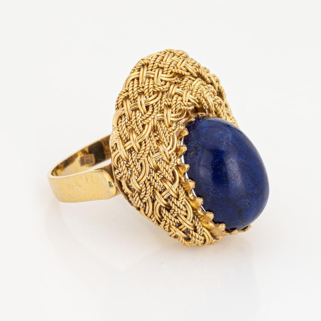 Vintage Lapis Lazuli 18k Yellow Gold Cocktail Ring Size 5.75 For Sale - Image 4 of 7