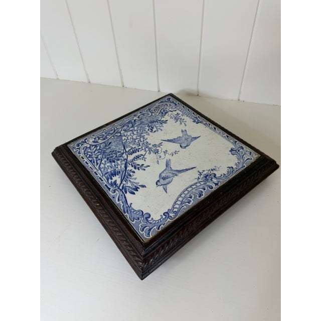 Vintage French Blue & White Faience Tile Trivet in Carved Wood Frame For Sale In New York - Image 6 of 12