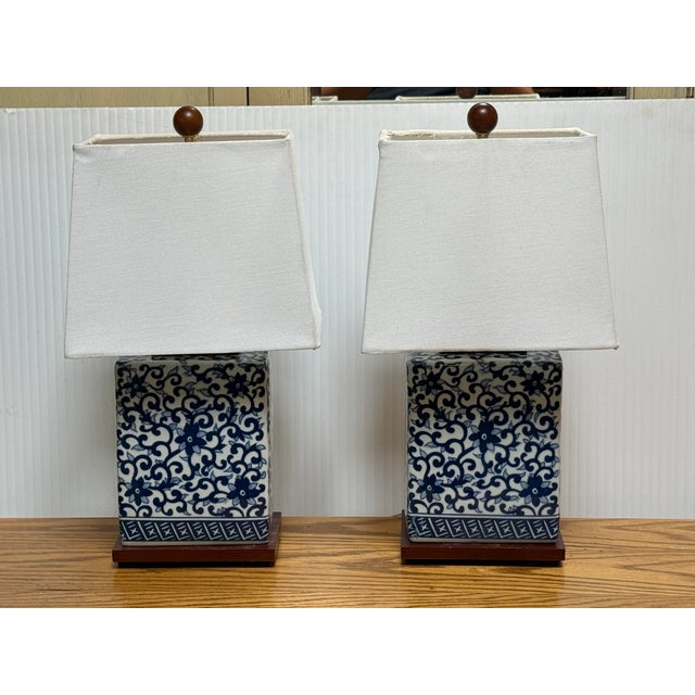 Chinoiserie Chinoiserie Ralph Lauren Blue + White Table Lamps, Pair For Sale - Image 3 of 12