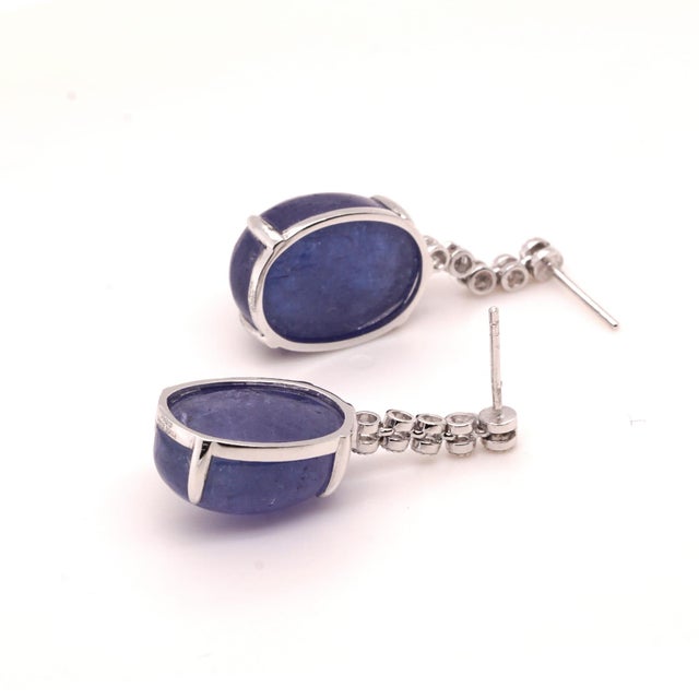 Contemporary Oval Cabochon Sapphire and Diamond Platinum Drop Earrings - Fei Liu, Pair For Sale - Image 3 of 5