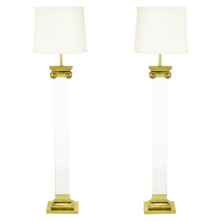 Lucite and Brass Neoclassical Ionic Column Floor Lamps - a Pair For Sale