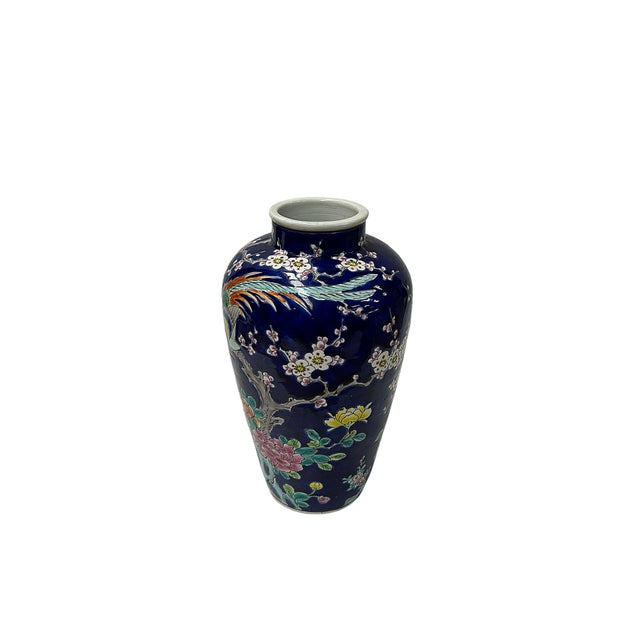Asian Vintage Dark Cobalt Blue Flower Bird Enamel Porcelain Art Vase For Sale - Image 3 of 9