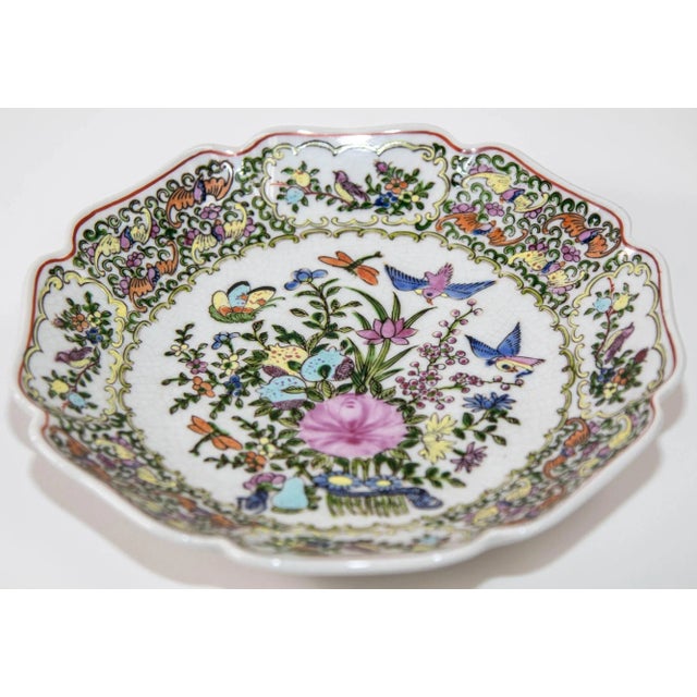 Ceramic Vintage Famille Rose Porcelain Plate With Birds and Flowers Hand Painted Decor For Sale - Image 7 of 11