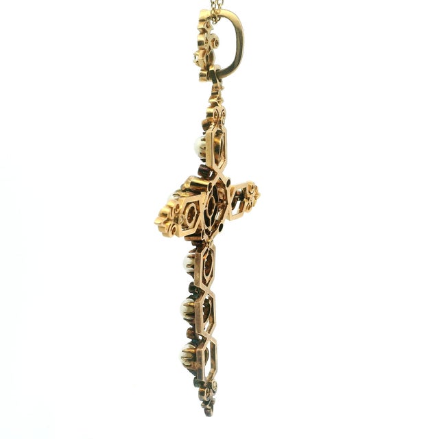 Gold Victorian 14k Rose Gold Pearl & Old Mine Diamond Cross Pendant, C. 1890 For Sale - Image 8 of 13