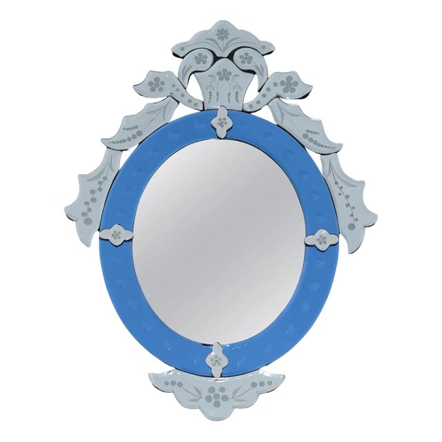 Vintage Italian Venitian Cobalt Blue Engraved Wall Mirror For Sale