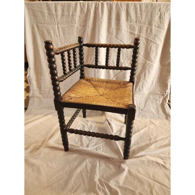 Spanish Antique Bobbin Corner Chair, Rush Seat Chair, Spanish Colonial Style, Woven Seat Armchair, Primitive Wooden Chair For Sale - Image 3 of 13