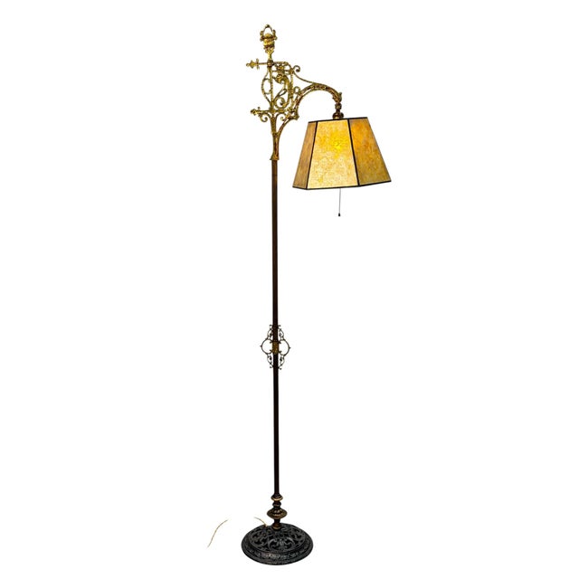 Gothic 1910s Floor Lamp With Cast Brass Top and Golden Mica Shade For Sale - Image 3 of 8