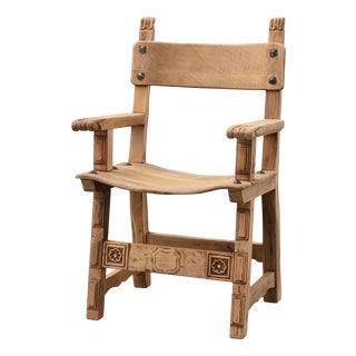 Brutalist Armchair with Carved Rosettes and Nailed Wooden Seat, Spain, 1950s For Sale