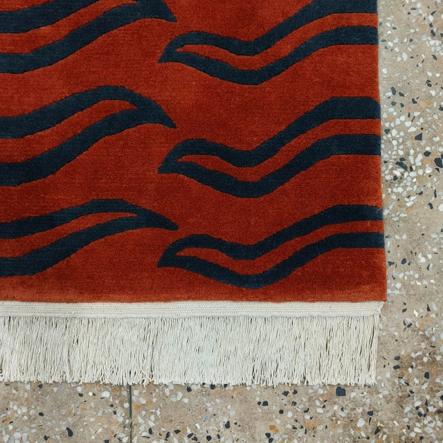 Hand-Knotted Wool Rug in Rust Red With Navy Wave Motif For Sale - Image 12 of 12
