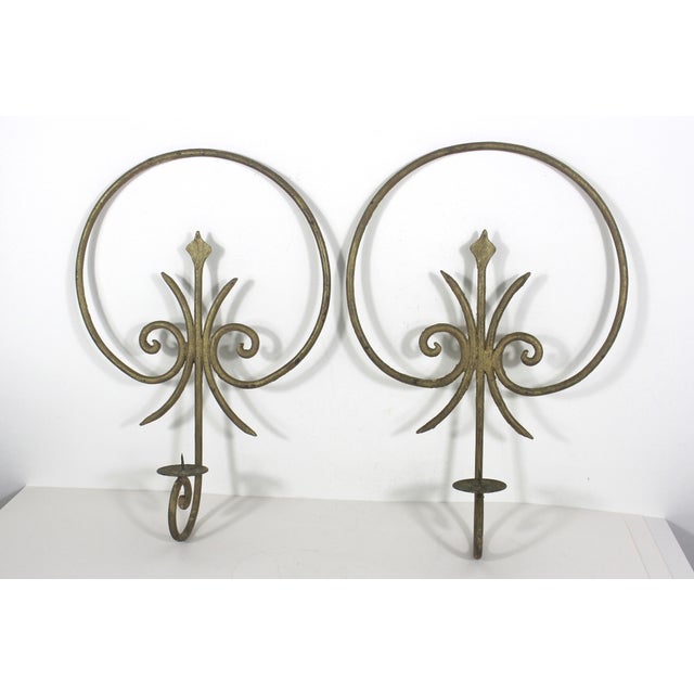 French Country Pair of Large Gilded Wrought Iron Wall Sconces Scroll Candle Holders For Sale - Image 3 of 12