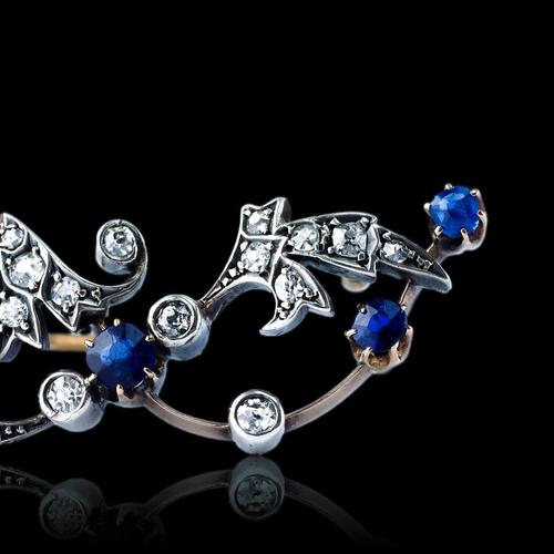 Antique Victorian 9 Karat Gold, Sapphire and Diamond Brooch with Foliate Motif, 1880s For Sale - Image 17 of 18