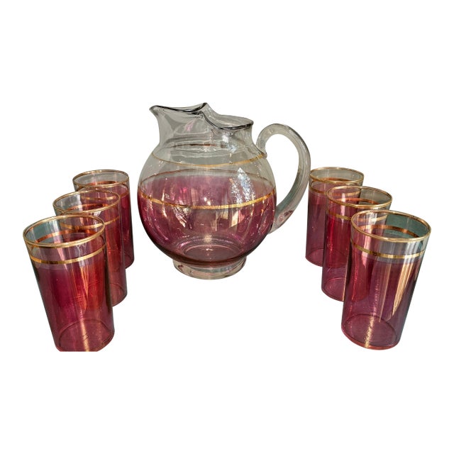 Vintage 1940's MacBeth - Evans Cranberry Lustre Pitcher W/ Gold Stripes , 6 GlassesMacbeth-Evans Cranberry Stain Glass Pitcher Gold Stripes - Set of 7 For Sale