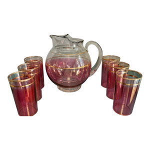 Vintage 1940's MacBeth - Evans Cranberry Lustre Pitcher W/ Gold Stripes , 6 GlassesMacbeth-Evans Cranberry Stain Glass Pitcher Gold Stripes - Set of 7