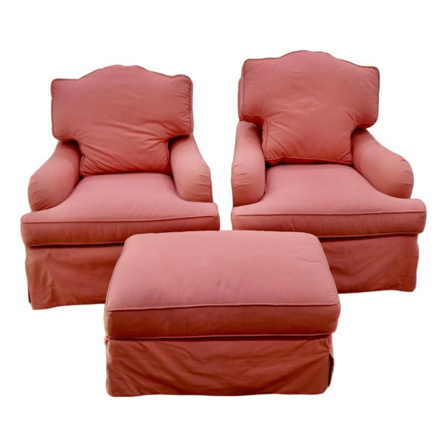 Lee Industries Pair of.Rose Pink English Arm Chairs & Ottoman For Sale
