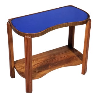 Vintage Original Art Deco Cobalt Blue Mirror Glass Kidney Shape Solid Wood End Table For Sale