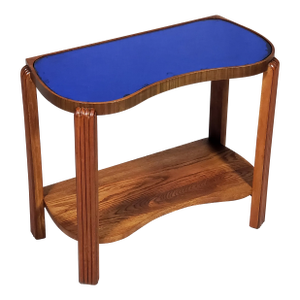 Vintage Original Art Deco Cobalt Blue Mirror Glass Kidney Shape Solid Wood End Table