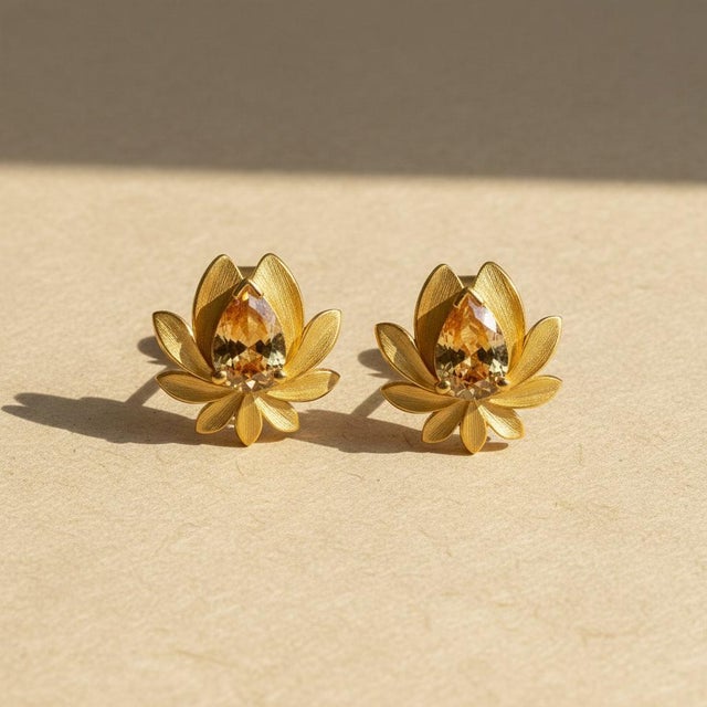 Not Yet Made - Made To Order Pear-Cut Citrine Lutus Flower Earrings Studs, Silver, Gold, Pair For Sale - Image 5 of 7