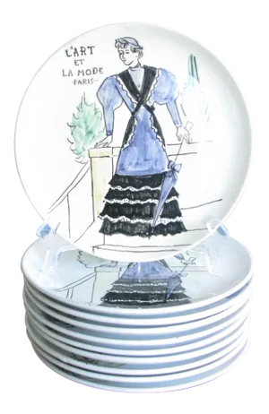 Mid 20th Century Studio Pottery Hand Painted Paris Fashion Lunch or Salad Plates Made in Italy - Set of 10