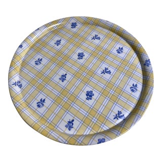 Vintage Round Floral Plaid Serving Tray in Yellow, White & Blue For Sale