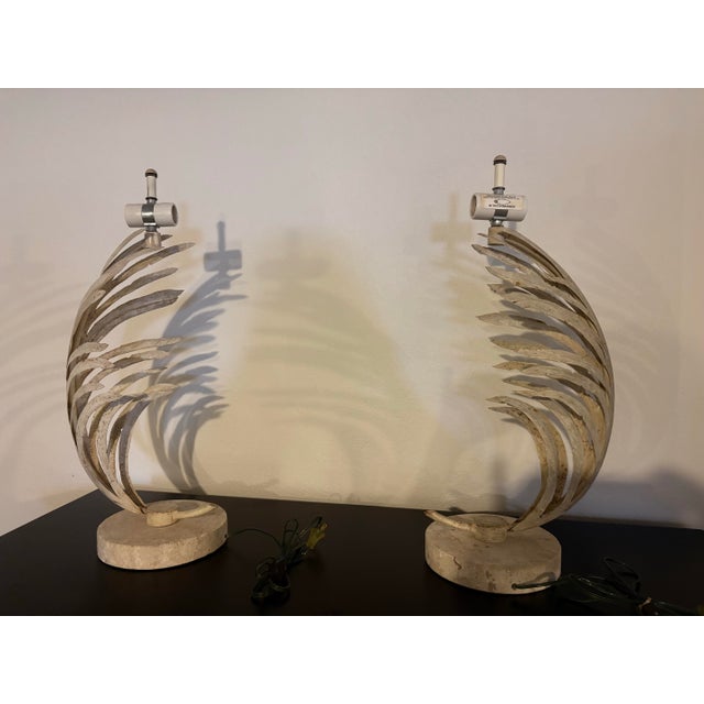 1990s Fabulous Vintage Original Pair of Michael Taylor Metal Palm Leaf Lamps With Metal Shades Travertine Base For Sale - Image 9 of 12