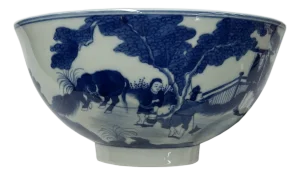Chinese Blue White People Scenery Graphic Porcelain Bowl Display Art