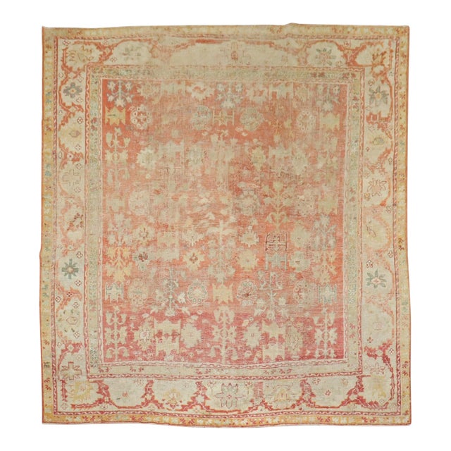 Early 20th Century Antique Zabihi Collection Turkish Oushak Worn Square Rug - 10'6" x 11' For Sale