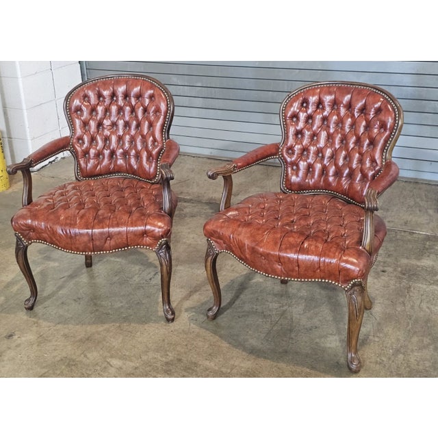 Hickory Chair Furniture Company Late 20th Century Pair of Hickory Chair Tufted Red Leather Arm Chairs Walnut Frame For Sale - Image 4 of 12