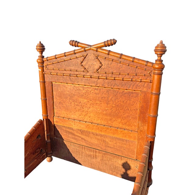 Late 20th Century Antique French Bed Frame Headboard Set in Birds Eye Maple Faux Bamboo English Style For Sale - Image 5 of 11