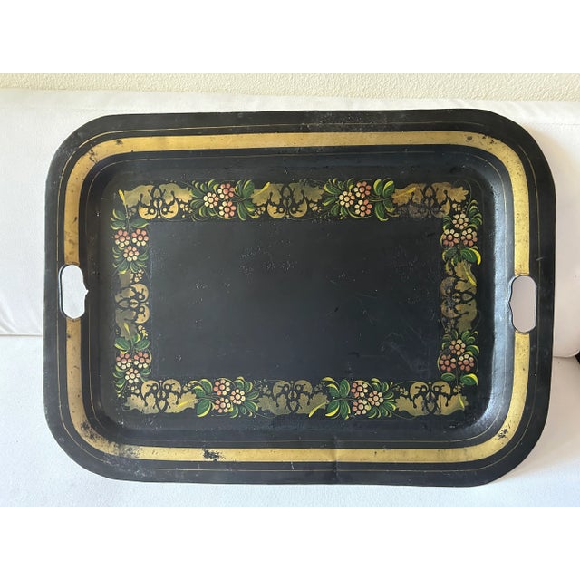 Antique Folk Art Black and Gold Tole Metal Tray For Sale - Image 11 of 11