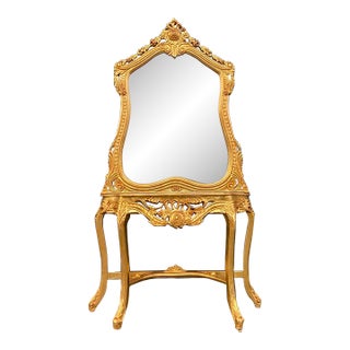 Mid 20thC French Louis XVI Rococo Gold Console Table With Mirror - Set of 2 Pc For Sale