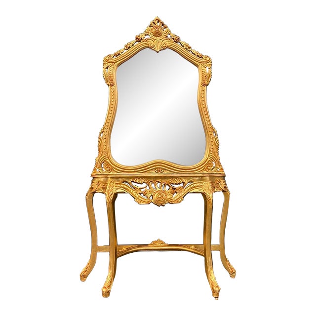 Mid 20thC French Louis XVI Rococo Gold Console Table With Mirror - Set of 2 Pc For Sale