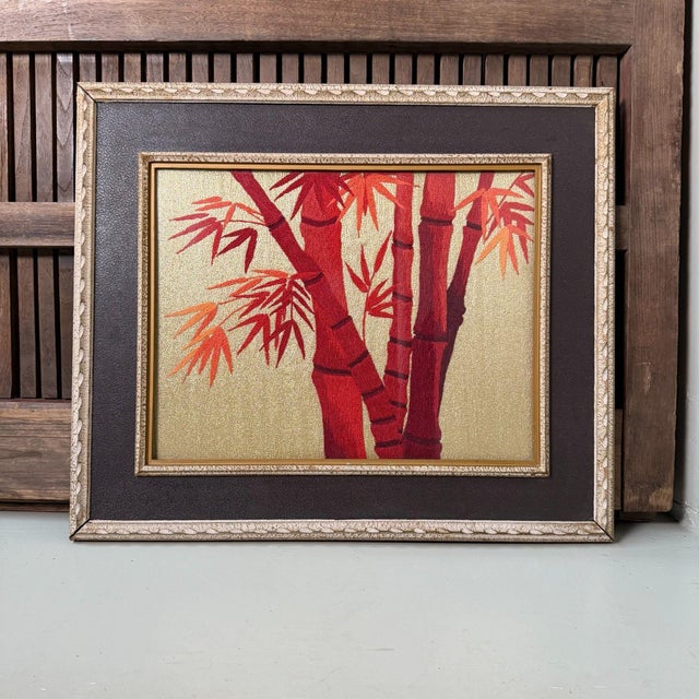 Red Vintage Japanese Embroidery Bamboo Wall Decoration, 1950s For Sale - Image 8 of 8