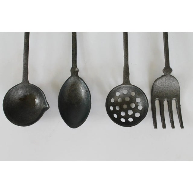 Farmhouse Vintage Hand Forged Cast Iron Utensils With a Matching Decorative Wall Hanger For Sale - Image 3 of 8