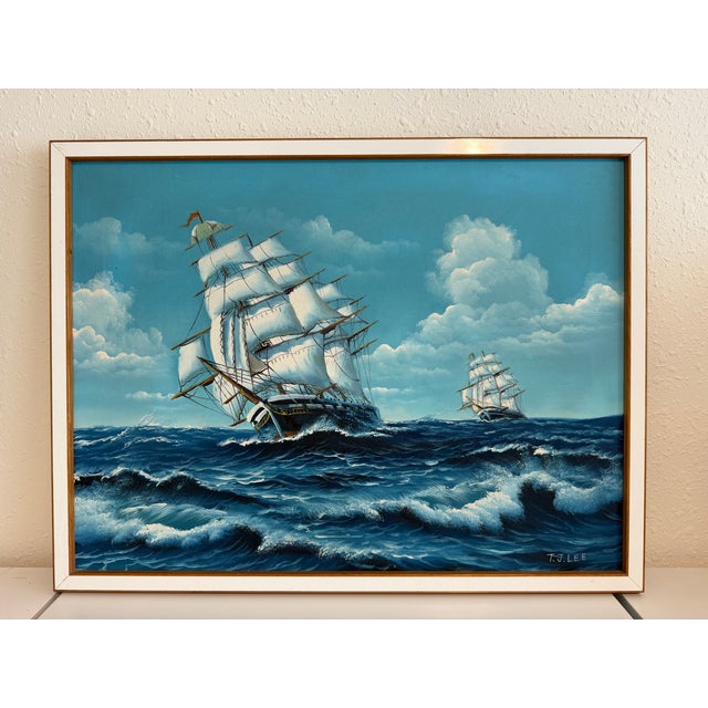 t.j. Lee Marine Seascape Oil Painting Tall Ships Ocean Waves Nautical Framed For Sale - Image 9 of 13