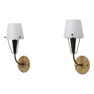 Italian Brass, Black Metal and Opaline Glass Wall Sconces, 1950s, Set of 2 For Sale