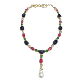 Bochic "Capri" Red Ruby, Blue Sapphire & Green Emerald Necklace Set 18K & Silver For Sale