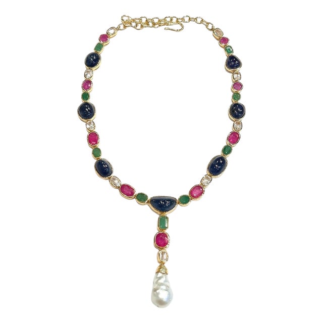Bochic "Capri" Red Ruby, Blue Sapphire & Green Emerald Necklace Set 18K & Silver For Sale