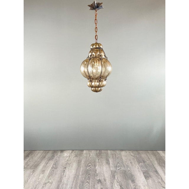20th Century Italian Amber Blown Glass Lantern Pendant Light For Sale - Image 3 of 5