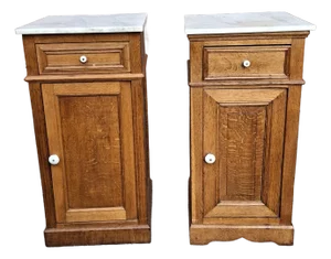 Near Pair of Victorian Oak and Marble Top Side Tables