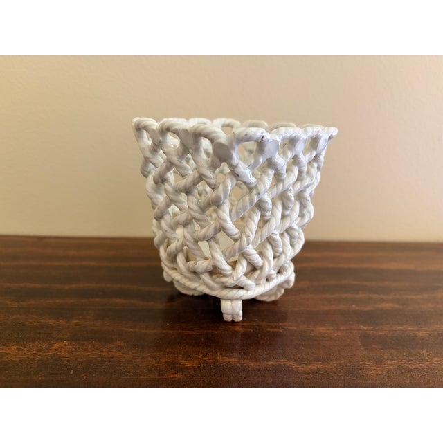 White Vintage French Country Reticulated Porcelain Rope-Form Cachepot, Circa 1960s For Sale - Image 8 of 14