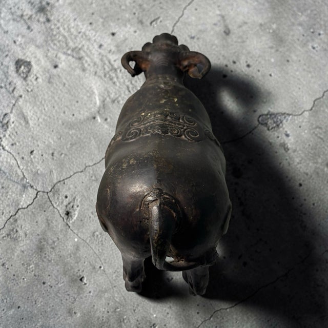 Antique Asian Cast Metal Water Buffalo Ox Sculpture Engraved Figurine 8.5" For Sale - Image 11 of 18