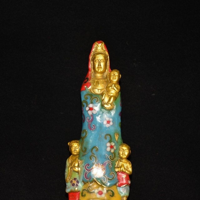 Late 20th Century Cloisonne Gilt Guanyin Sculpture With Children on Lotus Base For Sale In Los Angeles - Image 6 of 9